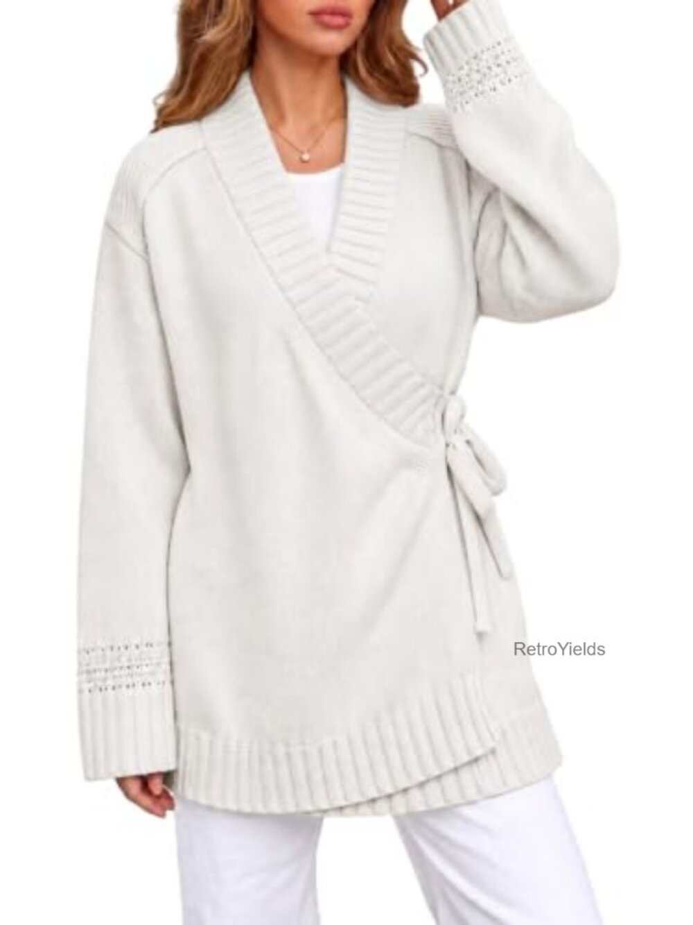 Womens V Neck Wrap Tie Front Chunky Knit Cardigan Sweater